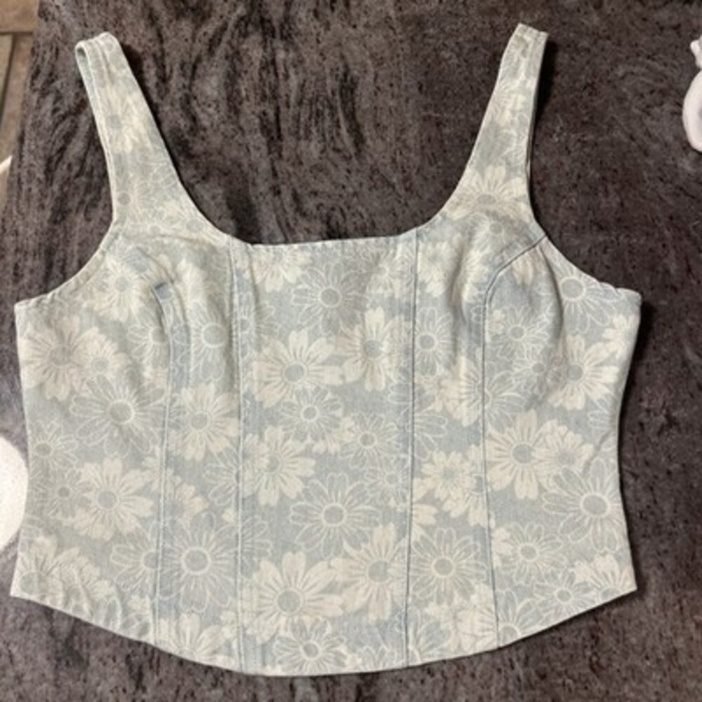 Altar’d State Denim Daisy Zip Up Crop Top Medium